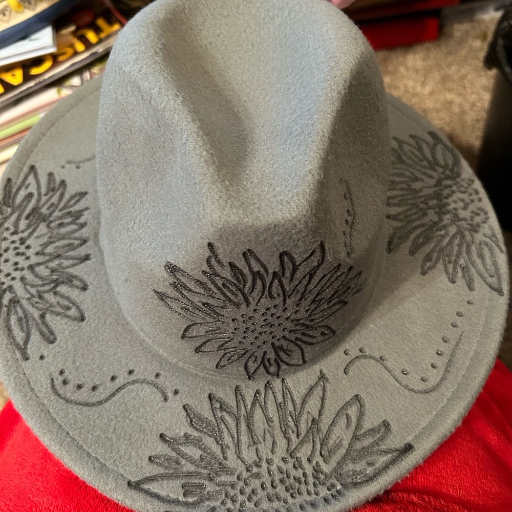 Fadora adjustable hat one of a kind with hand decorated flowers